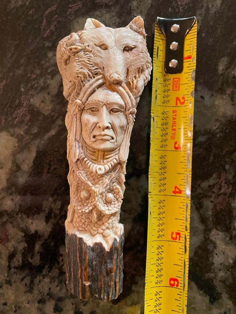 Hand-carved STAG ANTLER Handle of an Owl, Wolves, Eagles, Ram, Buffalo, and Bears: Beautiful and Very Detailed Hand-carved STAG ANTLER Handle of an Owl, Wolves, Eagles, Ram, Buffalo, and Bears. It has been skillfully whittled and measures 5.5" Long x 2.25" Wide (at top). This piece