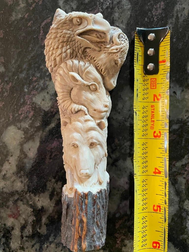 Hand-carved STAG ANTLER Handle of an Owl, Wolves, Eagles, Ram, Buffalo, and Bears - 2