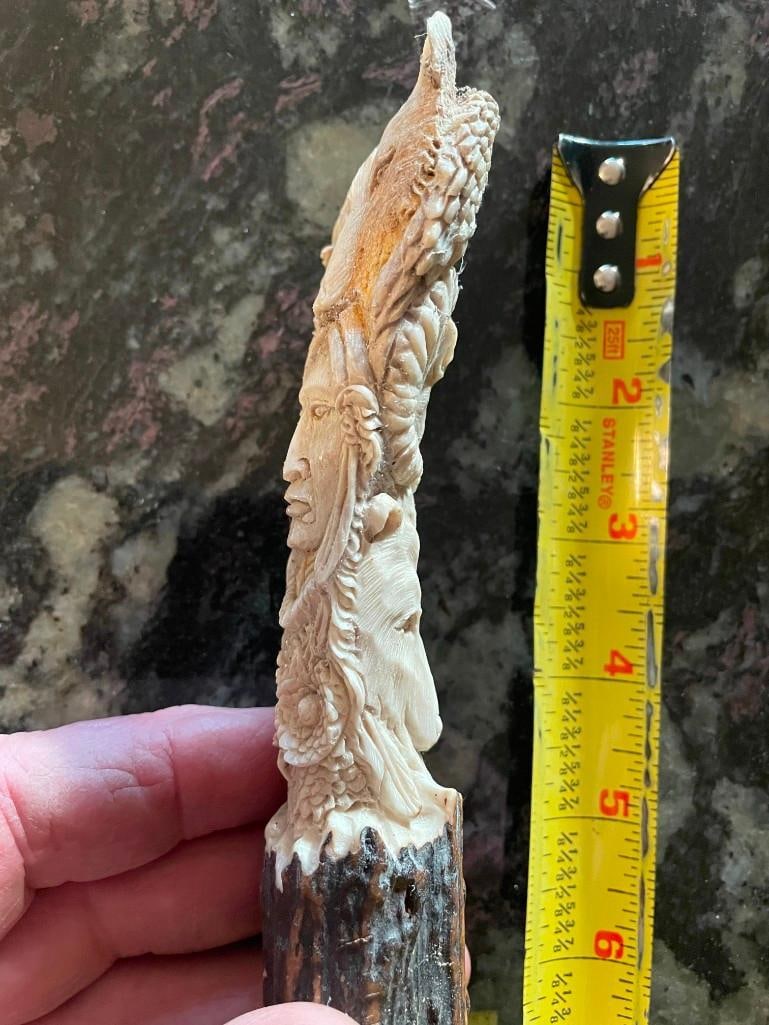 Hand-carved STAG ANTLER Handle of an Owl, Wolves, Eagles, Ram, Buffalo, and Bears - 4