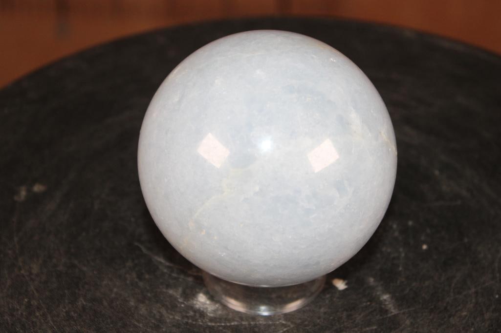 Polished BLUE CELESTITE Sphere with a Ring Stand - 4