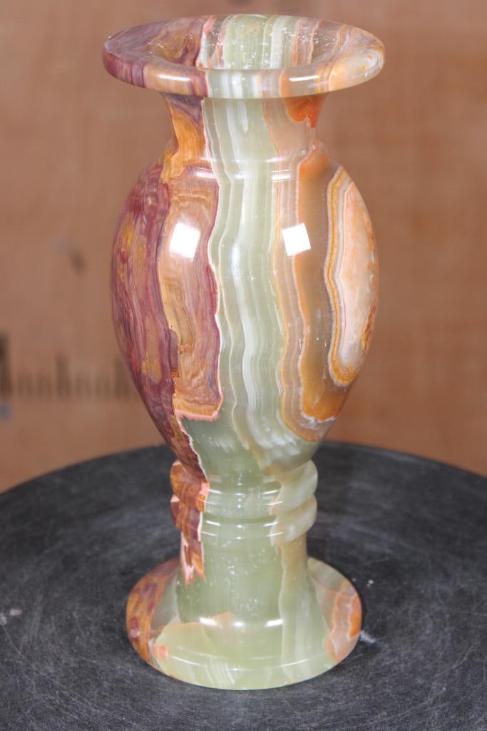 Big Polished GREEN BANDED ONYX Vase: Lovely Green BANDED ONYX Vase. It measures 9.5" Tall x 4" Wide and the Total Weight is 5 lbs 10oz. Green Onyx is a naturally banded stone valued for its visual appeal and metaphysical properties like