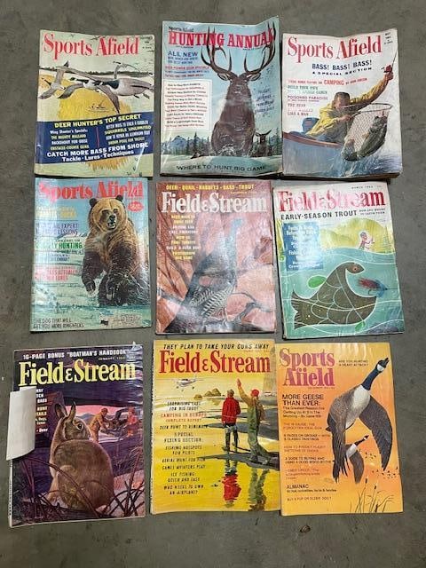(9) Vintage Sports AField and Field and Stream MAGAZINES, most from the 1960s-1970s: 9 Vintage Sports AField and Field and Stream MAGAZINES. All but 1 are from the 1960s-1970s. There are great hunting and fishing stories, awesome pictures and advertising from the era. COLLECTIBLE