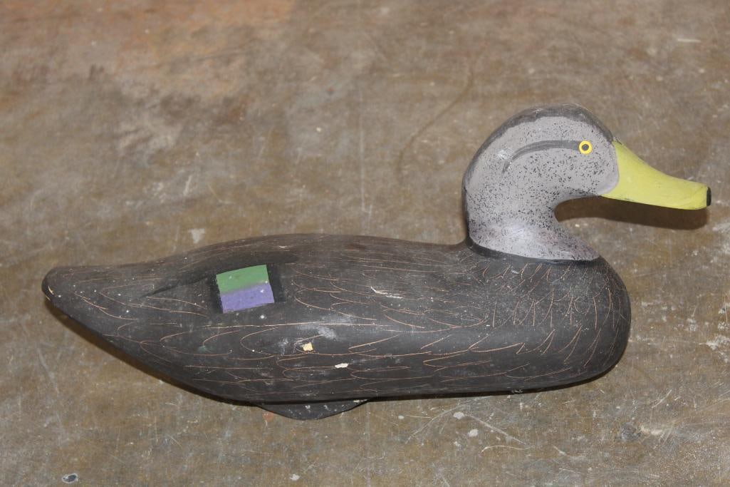 Hand-carved and Hand-painted DUCK DECOY signed (Illegible) on the Bottom: Hand-carved and Hand-painted DUCK DECOY signed (Illegible) on the Bottom. It measures 16.5" Long x 6.5" Wide x 7.5" Tall. COLLECTIBLE DUCK DECOYS 