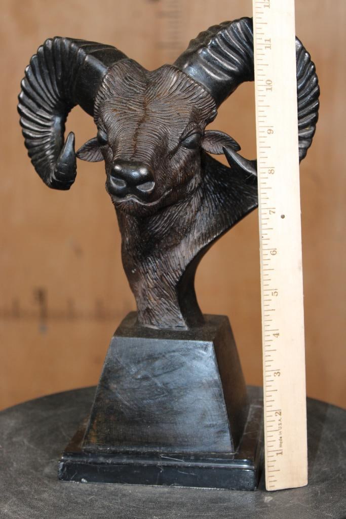 RAM Head Bronze Sculpture on a Stone Base, Weight: 7 lbs - 2