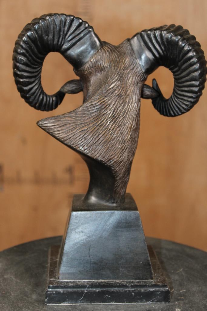 RAM Head Bronze Sculpture on a Stone Base, Weight: 7 lbs - 5