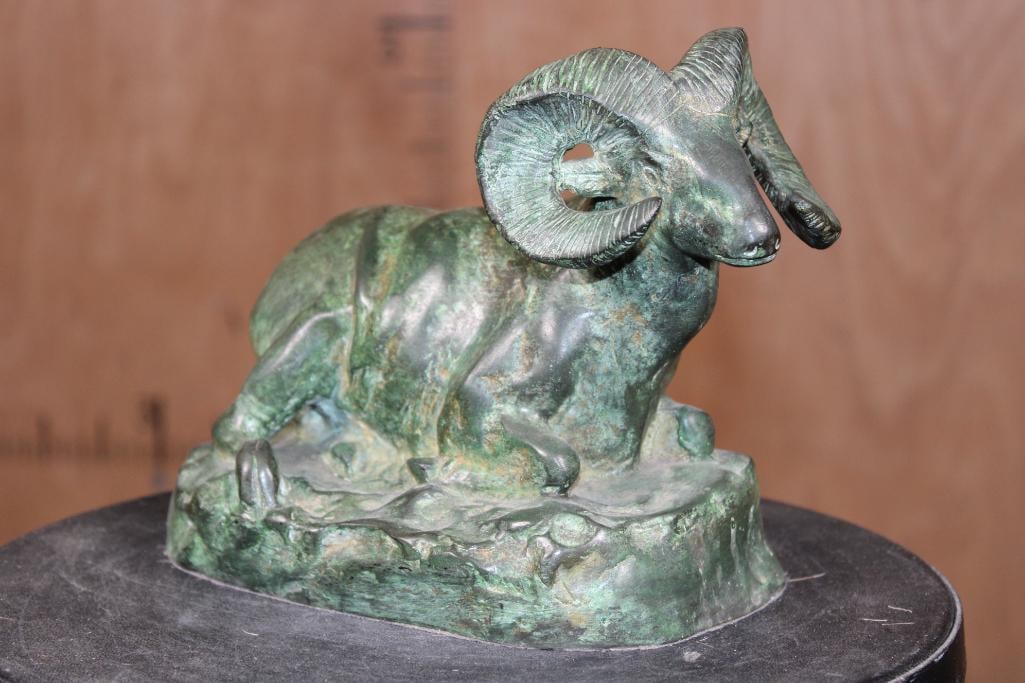 Green RAM Bronze Sculpture, Weight: 5 lbs: Green RAM Bronze Sculpture. It measures 9" Long x 7" Tall x 5" Wide. The Total Weight is 5 lbs 5 oz. COLLECTIBLE BRONZE ART SCULPTURES 