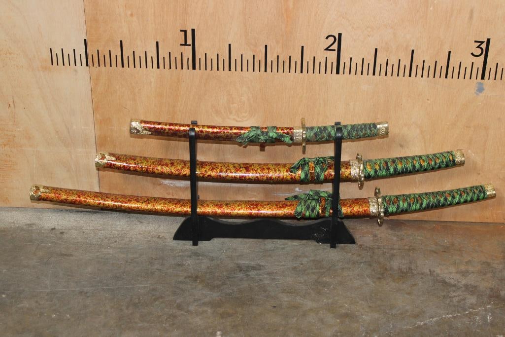 (3) Katana Samarai SWORDS on a Wood Display Stand (1 of 6)