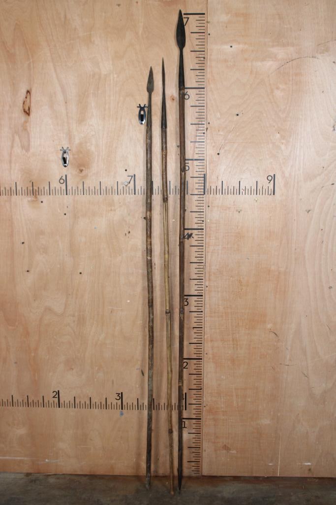 (3) Authentic African SPEARS from the Estate of Bobby Moore: 3 Authentic African SPEARS from the Estate of Bobby Moore. They measure 62.5" Long, 99" Long, and 93" Long. COLLECTIBLE AFRICAN ARTIFACTS AND WEAPONS 