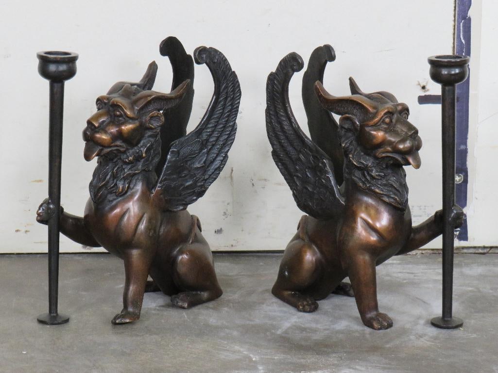 Set of (2) Bronze Winged GRIFFIN Candlestick Holders, Weight: 13 lbs (1 of 5)