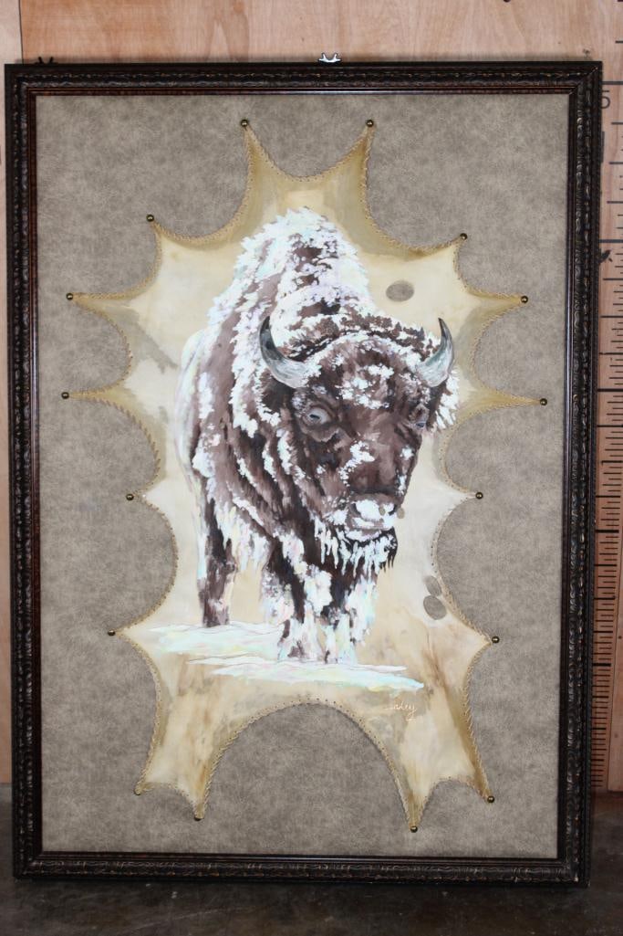 Original "Bison in Blizzard" Oil Painting on Deer Skin Parchment signed by the Artist Brittany (1 of 6)