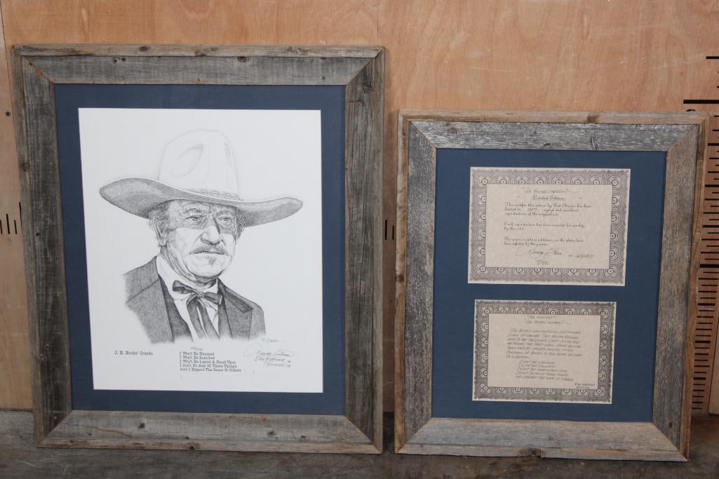 Signed Limited Edition "J.B." Books' Creedo" by Dan Brewer Buffler with the Framed COA and Poem: Limited Edition lithograph print of John Wayne as J.B. Books from the "The Shootist" (1976 film) created by Dan Brewer Buffler in 1996. It has been numbered #168/1250 and signed by Dan Brewer