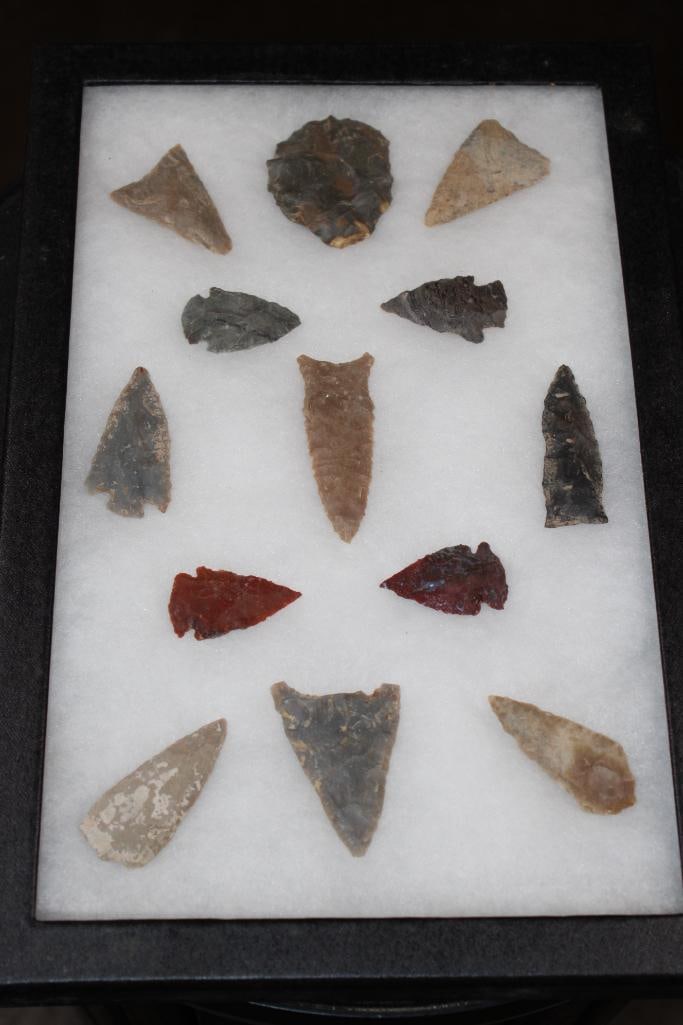 (13) Native American ARROWHEADS or Projectile Points in a Display Case: 13 Native American ARROWHEADS or Projectile Points. The Collection includes various shapes, sized and stone materials such as flint, chert, obsidian, and jasper reflecting the diverse styles used by d