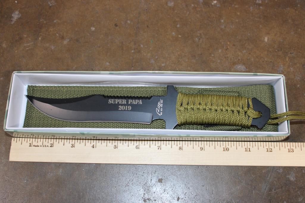 Military Hunter "Rite Edge" Super PAPA 2019 Fixed Blade KNIFE with a Paracord Wrapped Handle: Military Hunter "Rite Edge" Super PAPA 2019 Fixed Blade KNIFE with a Paracord Wrapped Handle. It measures 11 5/8" Long and has a matching Nylon Sheath. COLLECTIBLE MILITARY KNIVES AND FIXED BLADE