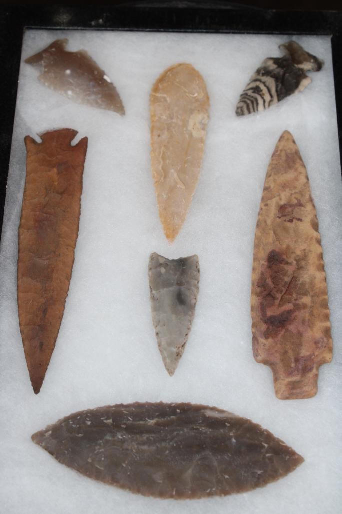 (7) Prehistoric Native American ARROWHEADS or Projectile Points in a Display Case: 7 Prehistoric Native American ARROWHEADS or Projectile Points in a Display Case. The Collection includes various sizes, shapes, and colors. There is a Newnan Point, a large Biface Stone Blade or Knife