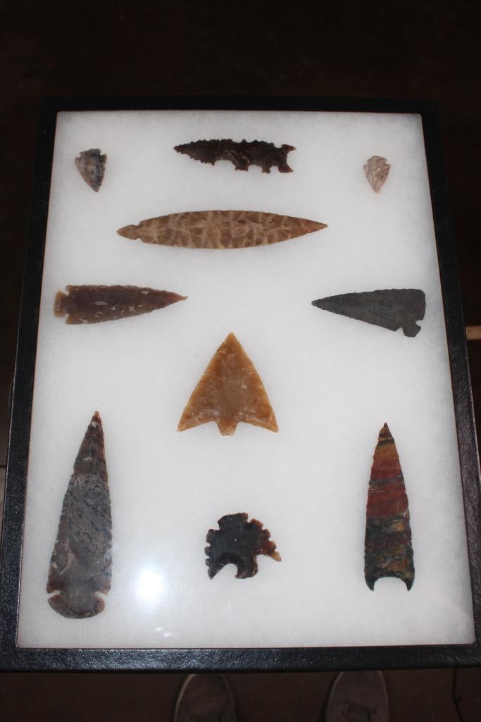 (10) Native American ARROWHEADS or Projectile Points in a Display Case (1 of 13)