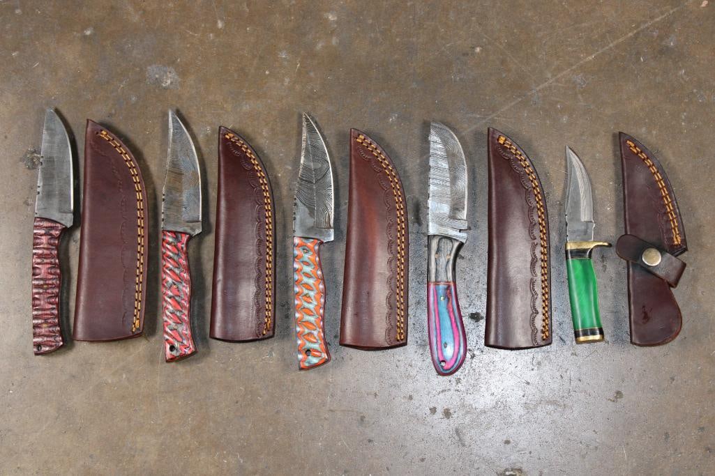 (5) *Brand New* Fixed Blade Damascus Steel KNIVES with Leather Sheaths: 5 *Brand New* Fixed Blade Damascus Steel KNIVES with Leather Sheaths. They measure 6" to 8" Long each and all have colorful wood or resin handles. The Total Weight for all is 1 lb 14 oz. HUNTING AND