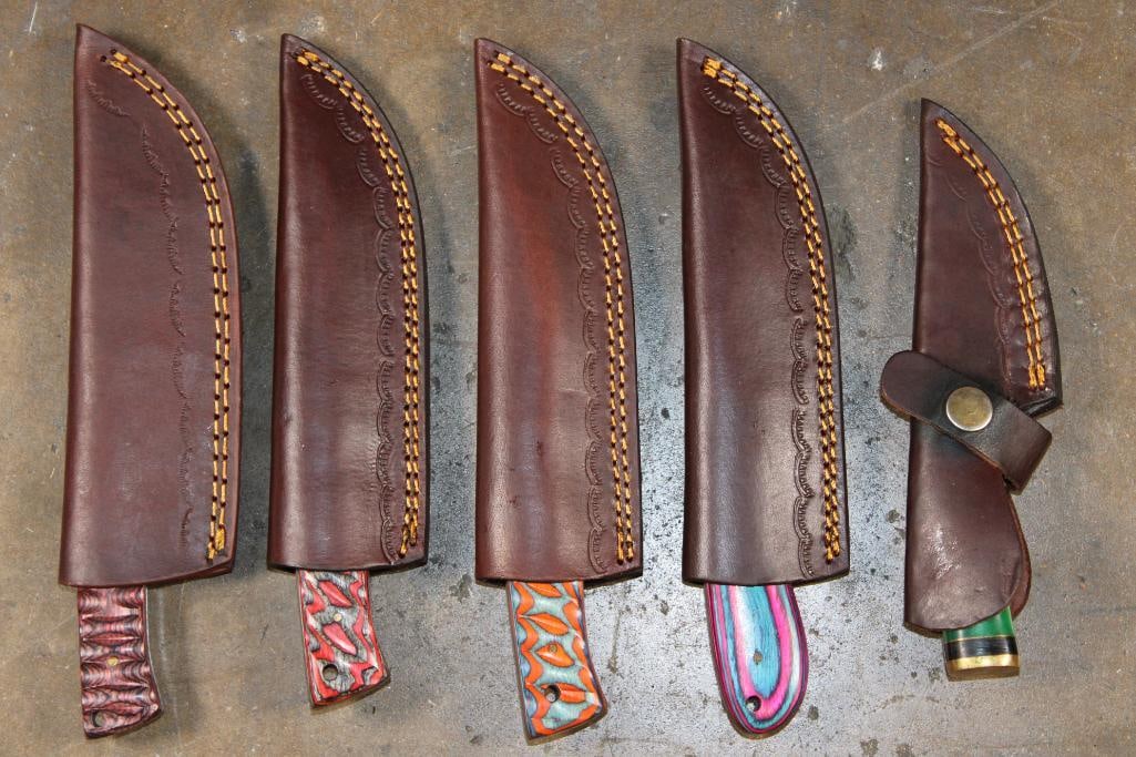 (5) *Brand New* Fixed Blade Damascus Steel KNIVES with Leather Sheaths - 2