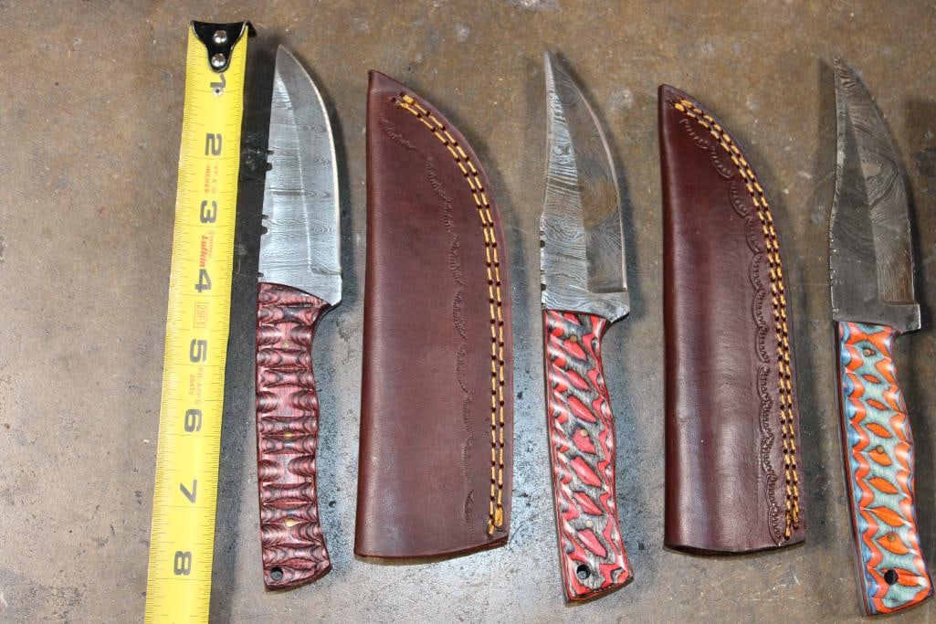 (5) *Brand New* Fixed Blade Damascus Steel KNIVES with Leather Sheaths - 3
