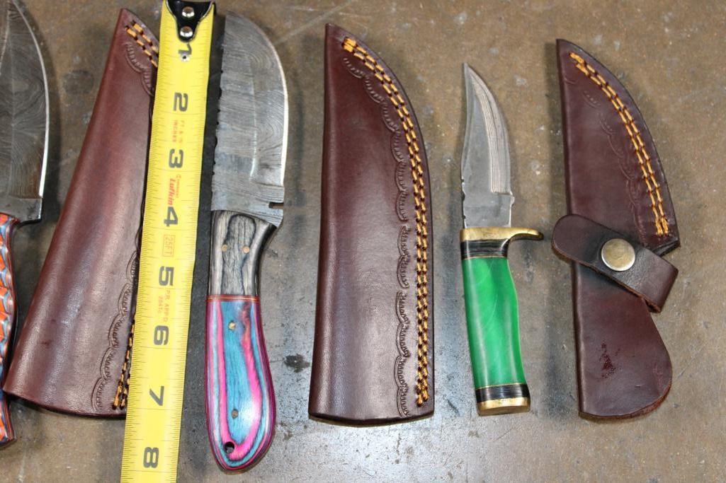 (5) *Brand New* Fixed Blade Damascus Steel KNIVES with Leather Sheaths - 4