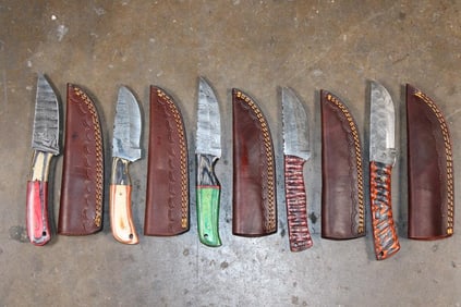 (5) Fixed Blade Damascus Steel KNIVES with Leather Sheaths