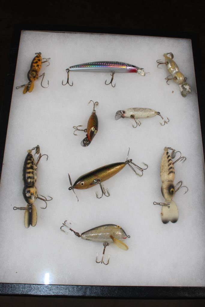 (3) Antique Wood FISHING LURES with (6) Old FISHING LURES in a Display Case (1 of 10)