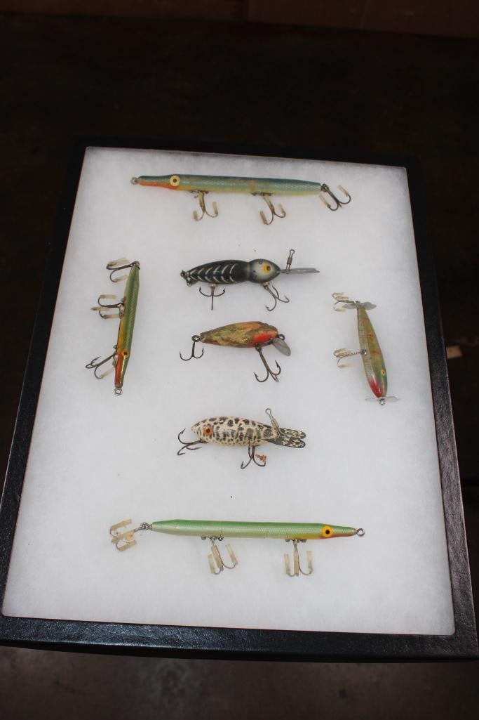 (7) Wood FISHING LURES from the 1920s-1950s in a Display Case (1 of 7)