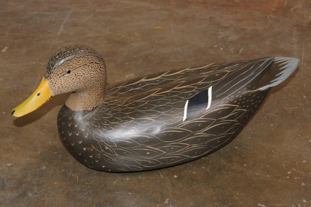 William R. Goenne Hand-carved Wooden DUCK DECOY, stamped "WRG": William R. Goenne (born 1944), hand-carved and painted Wooden DUCK DECOY with Glass Eyes. It is stamped "WRG" and measures 20.25" Long x 7.5" Wide x 9.25" Tall, Weight: 3 lbs 9 oz. Goenne is a