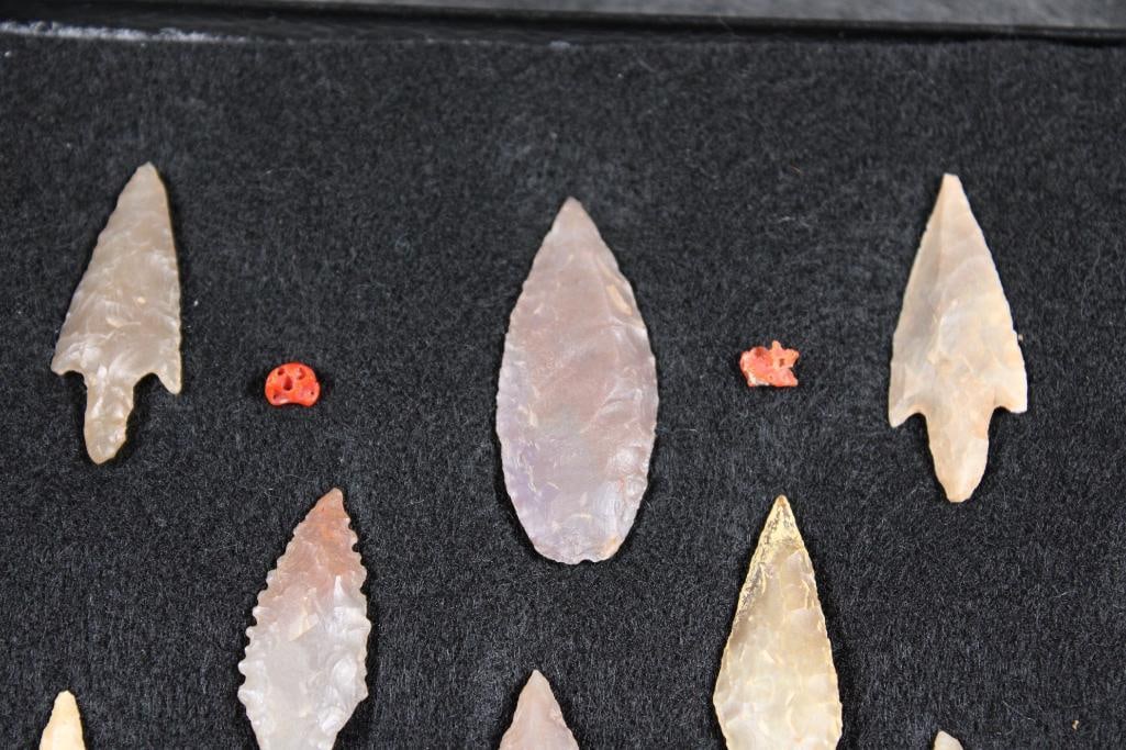 11 Prehistoric Native American PROJECTILE POINTS or ARROWHEADS in a Display Case with 4 Pieces of - 3