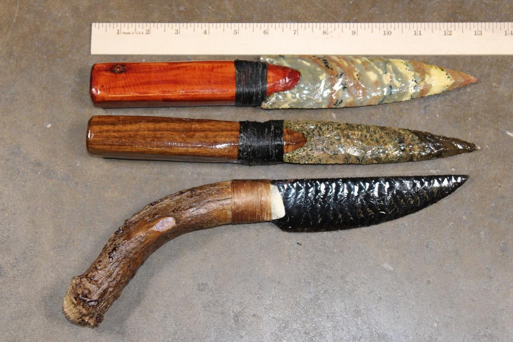 (3) Hand-made and Hand Knapped Glass Bladed Knives by artist Charles Colony: 3 Hand-made and Hand Knapped Blade Knives by maker Charles Colony of Ohio. These all have glass blades and measure 13.5" Long (Antler Handle), 12.75" Long (Wood Handle), and 12.75" Long (Wood