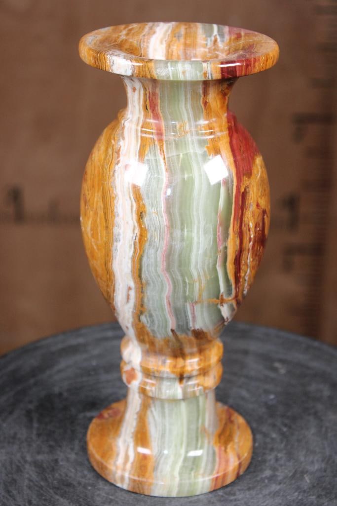 Big Polished GREEN BANDED ONYX Vase: Beautiful Green BANDED ONYX Vase. It measures 9 5/8" Tall x 4" Wide and the Total Weight is 5 lbs 8 oz. Green Onyx is a naturally banded stone valued for its visual appeal and metaphysical properties