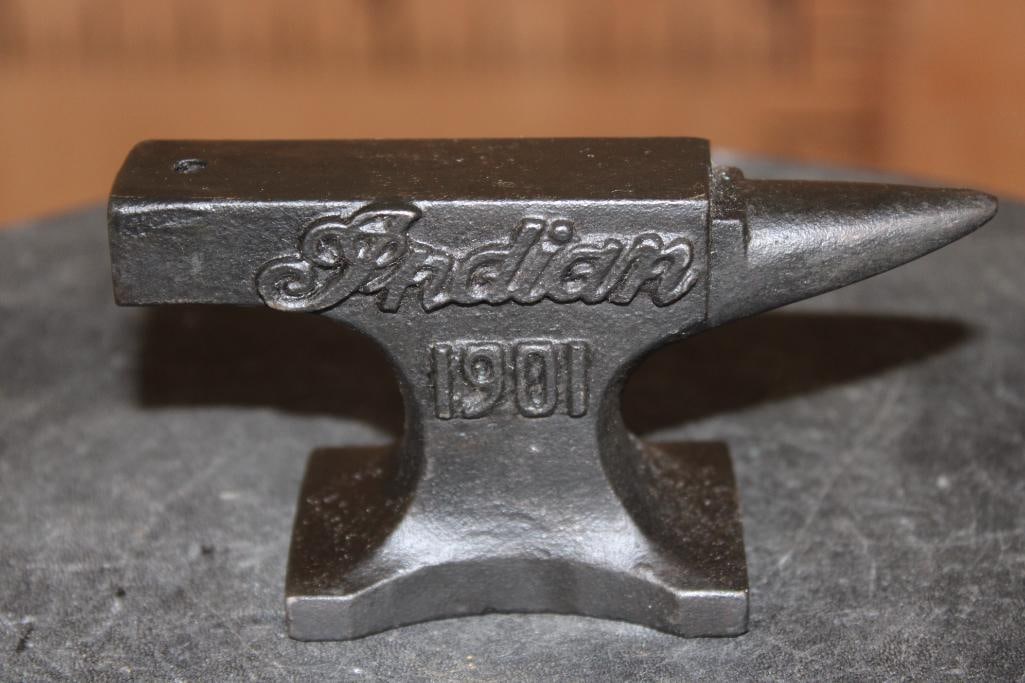 Reproduction "Indian 1901" Motorcycles Cast Iron Miniature ANVIL: Reproduction "Indian 1901" Motorcycles Cast Iron Miniature ANVIL. It measures 4.75" Long x 1.75" Wide x 2.5" Tall and Weighs 1 lb 9 oz. MOTORCYCLE COLLECTIBLES 