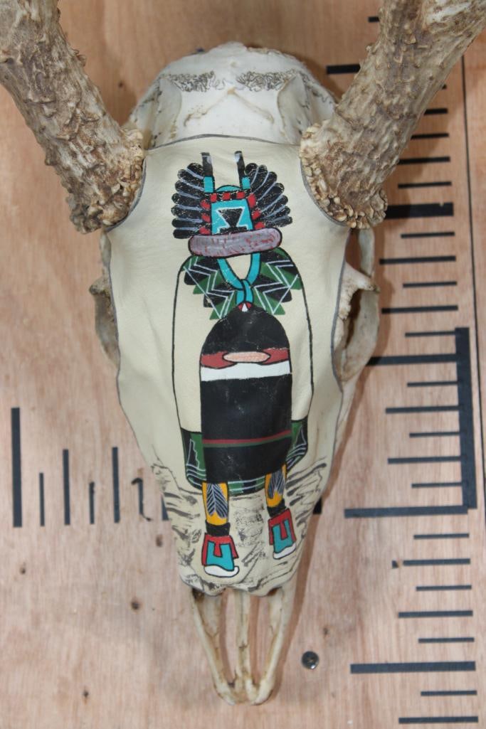15-Point MULE DEER Skull wrapped with a Painted Deer Hide with a Native American Style "Kachina" or - 2