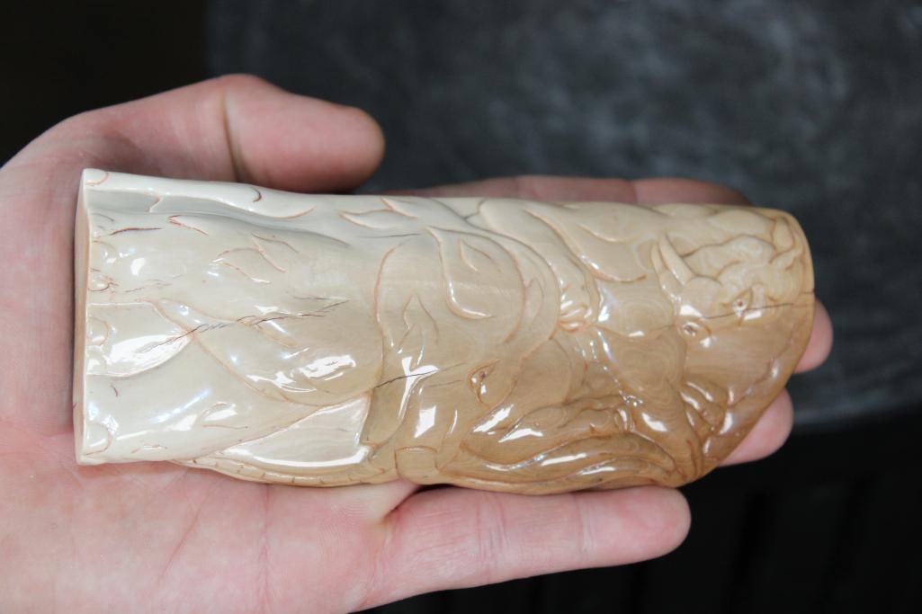 Guillermo Leal, Carved Fossilized MAMMOTH IVORY TUSK of a Saber Toothed Cat atop a Mammoth - 2