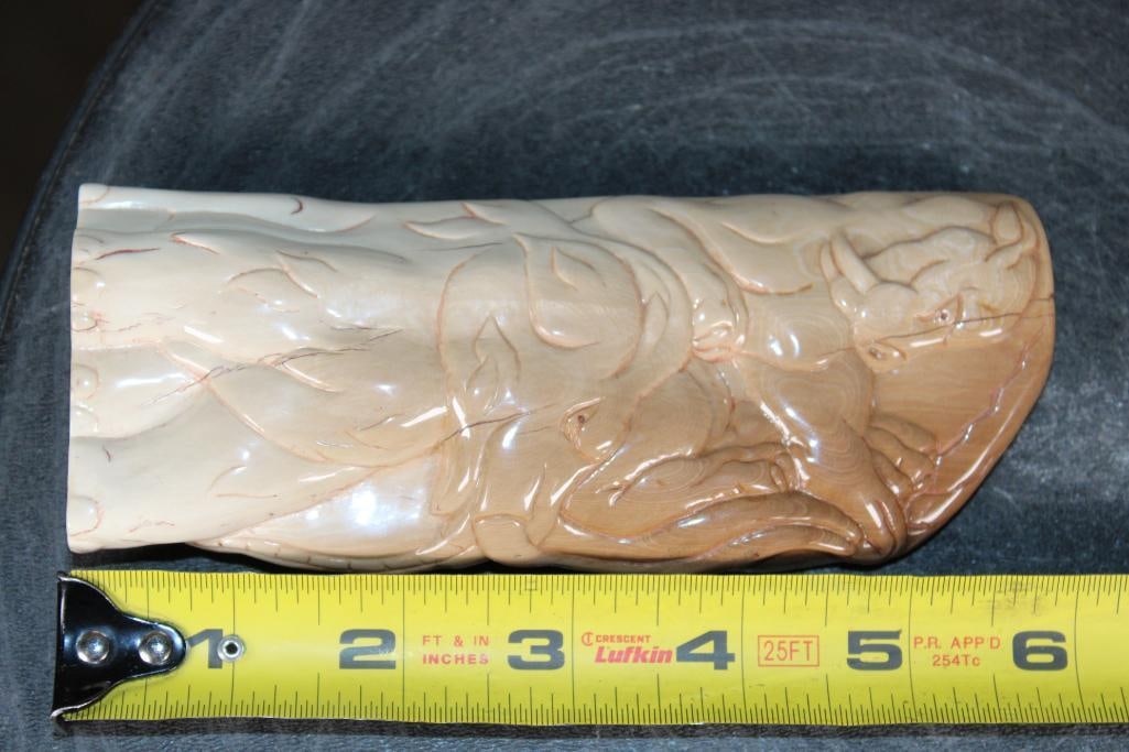 Guillermo Leal, Carved Fossilized MAMMOTH IVORY TUSK of a Saber Toothed Cat atop a Mammoth - 9