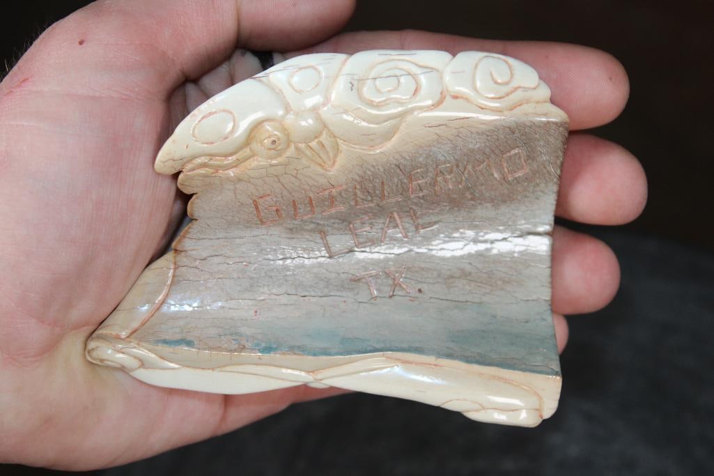 Guillermo Leal, Carved Fossilized MAMMOTH IVORY TUSK Bird with Butterflies and Wind Swirls - 5