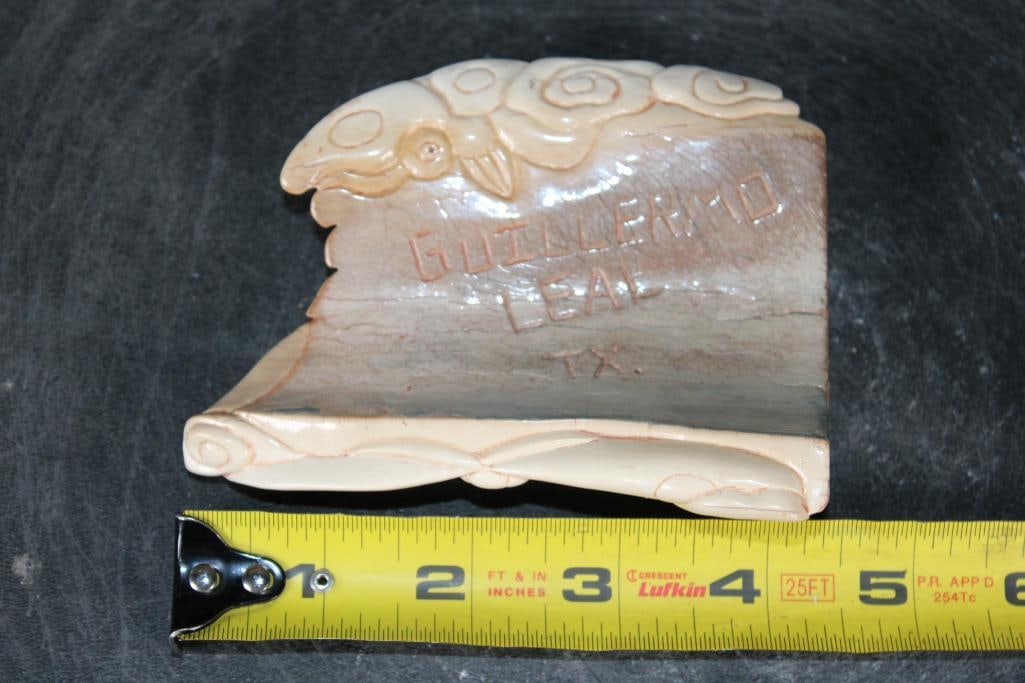 Guillermo Leal, Carved Fossilized MAMMOTH IVORY TUSK Bird with Butterflies and Wind Swirls - 7