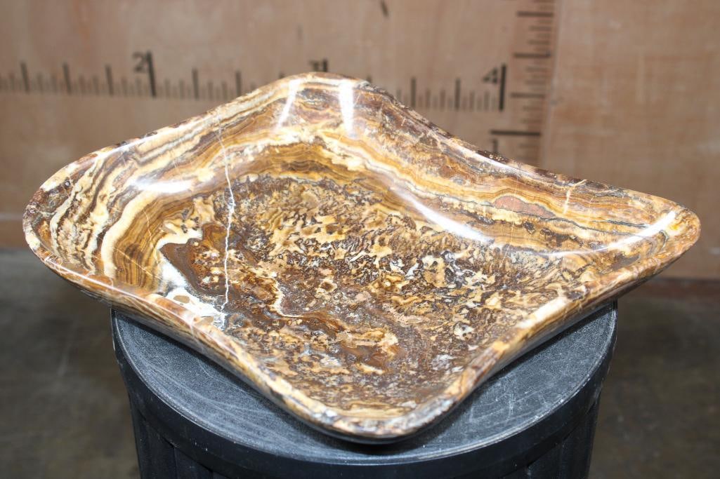 Big Formed and Polished Moroccan AMBER ARAGONITE Bowl: Big Formed and Polished Moroccan AMBER ARAGONITE Bowl. It measures 15.75" Long x 14" Wide x 2 5/8" Tall and the Total Weight: 7 lbs 3 oz. This would look beautiful on display in any space. ROCKS