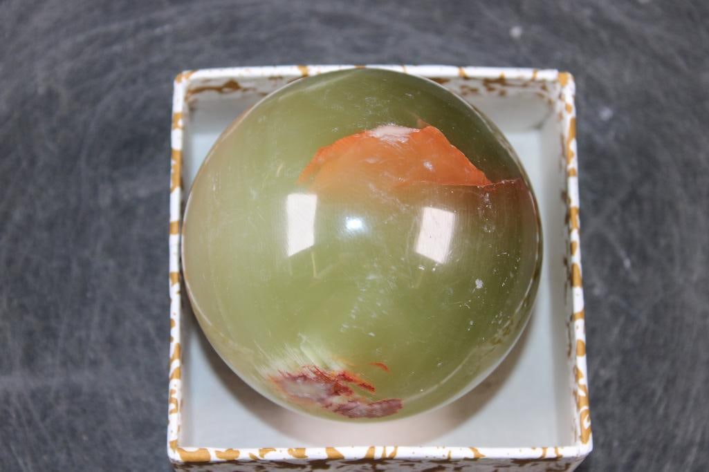 Polished GREEN BANDED ONYX Mineral Sphere, Weight: 1 lb: Formed and Polished GREEN BANDED ONYX Mineral Sphere. It measures 3" in Diameter and the Total Weight is 1 lb 7 oz. Green Banded Onyx is a stunning, translucent, and layered ornamental stone know for