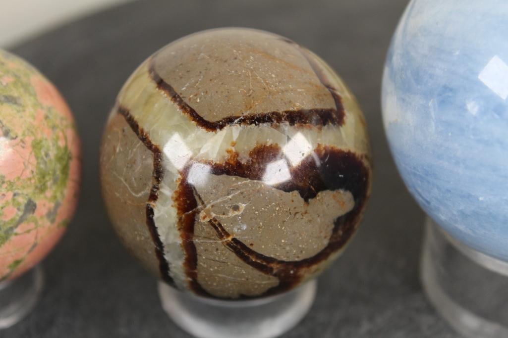 (4) Polished Mineral SPHERES with Plastic Ring Stands - 7