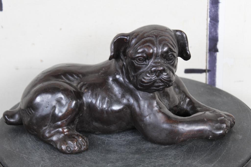 Laying BULLDOG Puppy Bronze Sculpture, Weight: 3 lbs: BRONZE Sitting BULLDOG Sculpture. It measures 5" Tall x 5.25" Wide x 11.25" Long and the Total Weight is 3 lbs 9 oz. COLLECTIBLE ART BRONZE SCULPTURES 