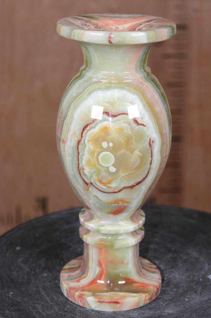 Big Polished GREEN BANDED ONYX Vase: Beautiful Green BANDED ONYX Vase. It measures 9.75" Tall x 4" Wide and the Total Weight is 5 lbs 8 oz. Green Onyx is a naturally banded stone valued for its visual appeal and metaphysical properties