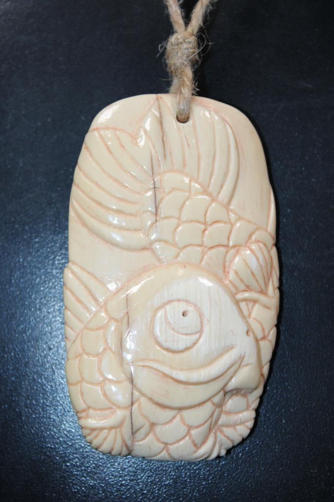 Guillermo Leal, Fossilized MAMMOTH IVORY TUSK Carved KOI or CARP Pendant with MAMMOTH IVORY BEADS - 2