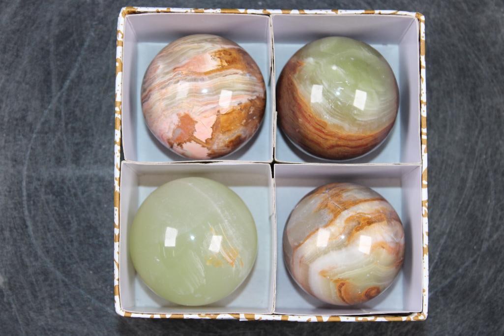 (4) Polished GREEN BANDED ONYX Mineral Spheres, Weight: 1 lb: 4 Formed and Polished GREEN BANDED ONYX Mineral Spheres. They all measure approximately 2" in Diameter and the Total Weight is 1 lb 8 oz. Green Banded Onyx is a sedimentary stone composed of banded