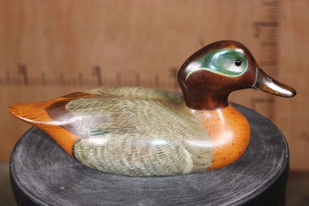 Hand-carved and Signed "Craig Dellaws" Wooden DUCK DECOY with Glass Eyes - 2