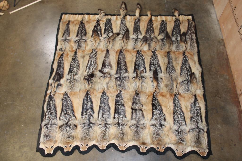 BLACK-BACKED JACKAL Hide Rug or Blanket: BLACK-BACKED JACKAL Hide Rug or Blanket. There are 28 total hides and 18 hides have tails. It measures 6' 6" Wide x 6' 9" Long. TAXIDERMY RUGS AND BLANKETS 