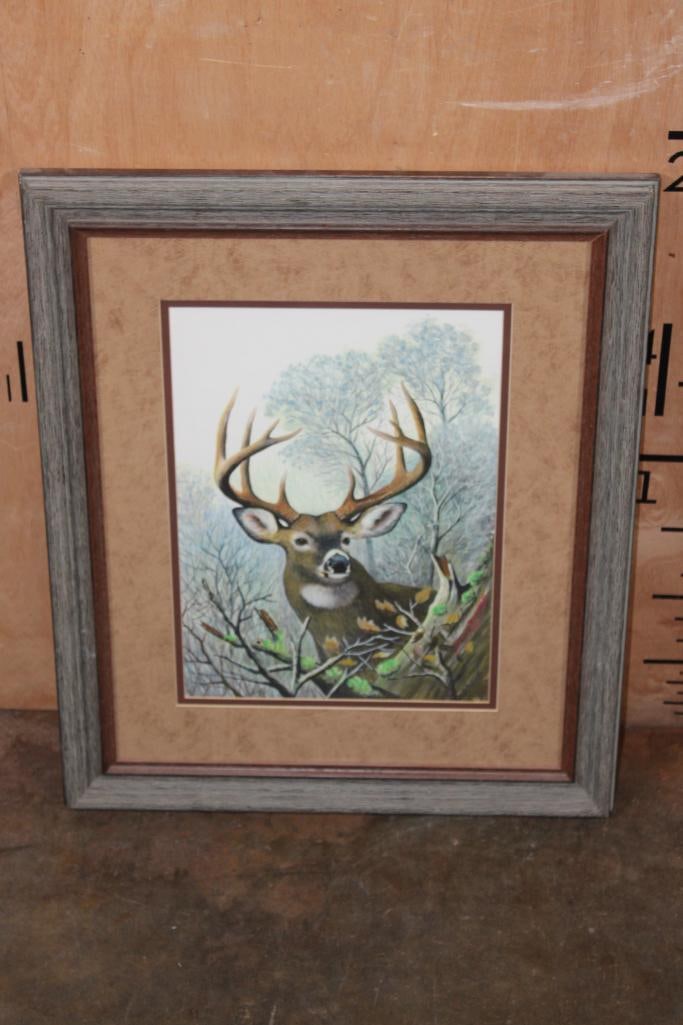 Signed "Woodland Prince" Art Print by Don Edwards in a Wood Frame: Signed "Woodland Prince" Art Print by Don Edwards. It is displayed in a Wood Frame with Glass that measures 19" Wide x 23.5" Tall x 1.25" Thick. The Next Lot is the accompanying Don Edwards Art Print