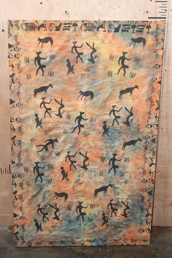 Decorative Textile featuring Prehistoric Rock Cave Painting Designs on a Wood Frame: Decorative Textile featuring Prehistoric Rock Cave Painting Designs on a Wood Frame. It measures 48" Tall x 30" Wide. DECORATIVE ART 