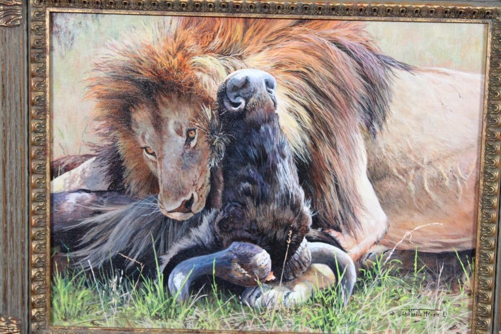 LION and WILDEBEEST Fine Art Print by Jan Martin Maguire Displayed in a Decorative Wood Frame - 2
