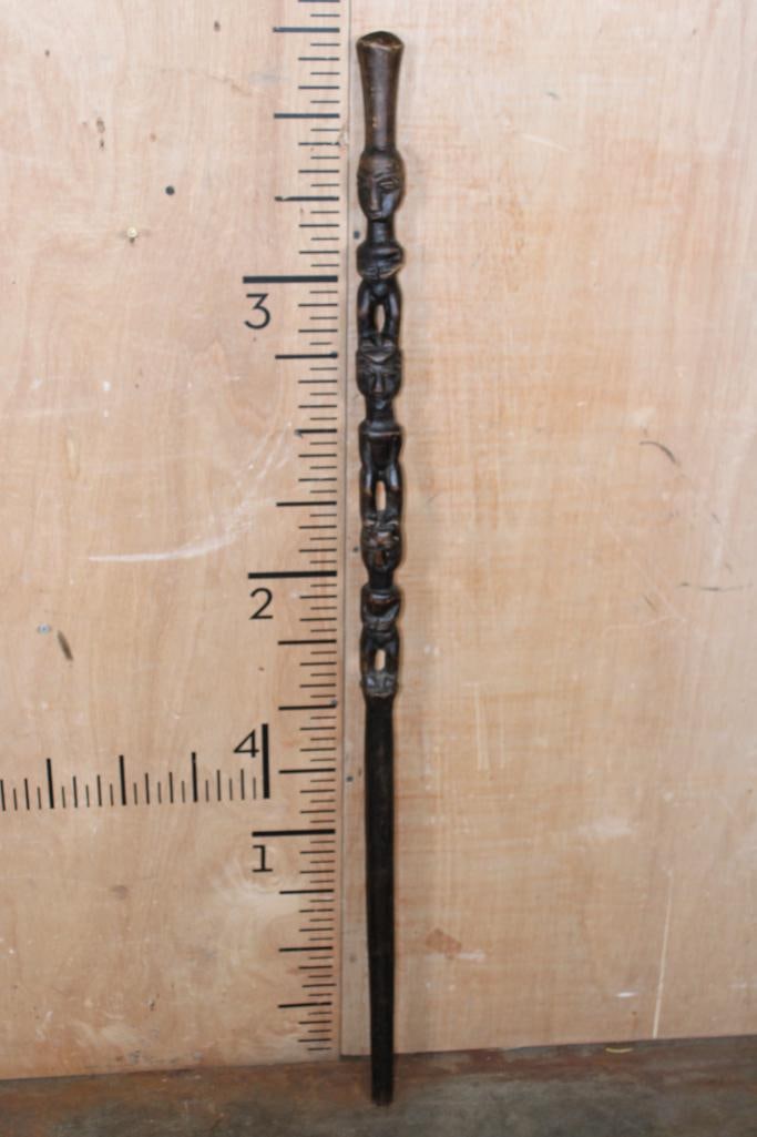 Hand-carved African Wood CANE or WALKING STICK featuring 3 African Warriors: Masterfully Hand-carved African Wood CANE or WALKING STICK featuring 3 African Warriors. It measures 45.5" Long and is in Good Condition. COLLECTIBLE AFRICAN ARTIFACTS 