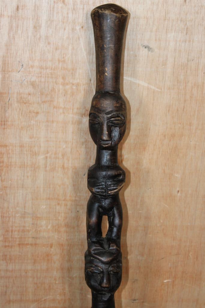Hand-carved African Wood CANE or WALKING STICK featuring 3 African Warriors - 2